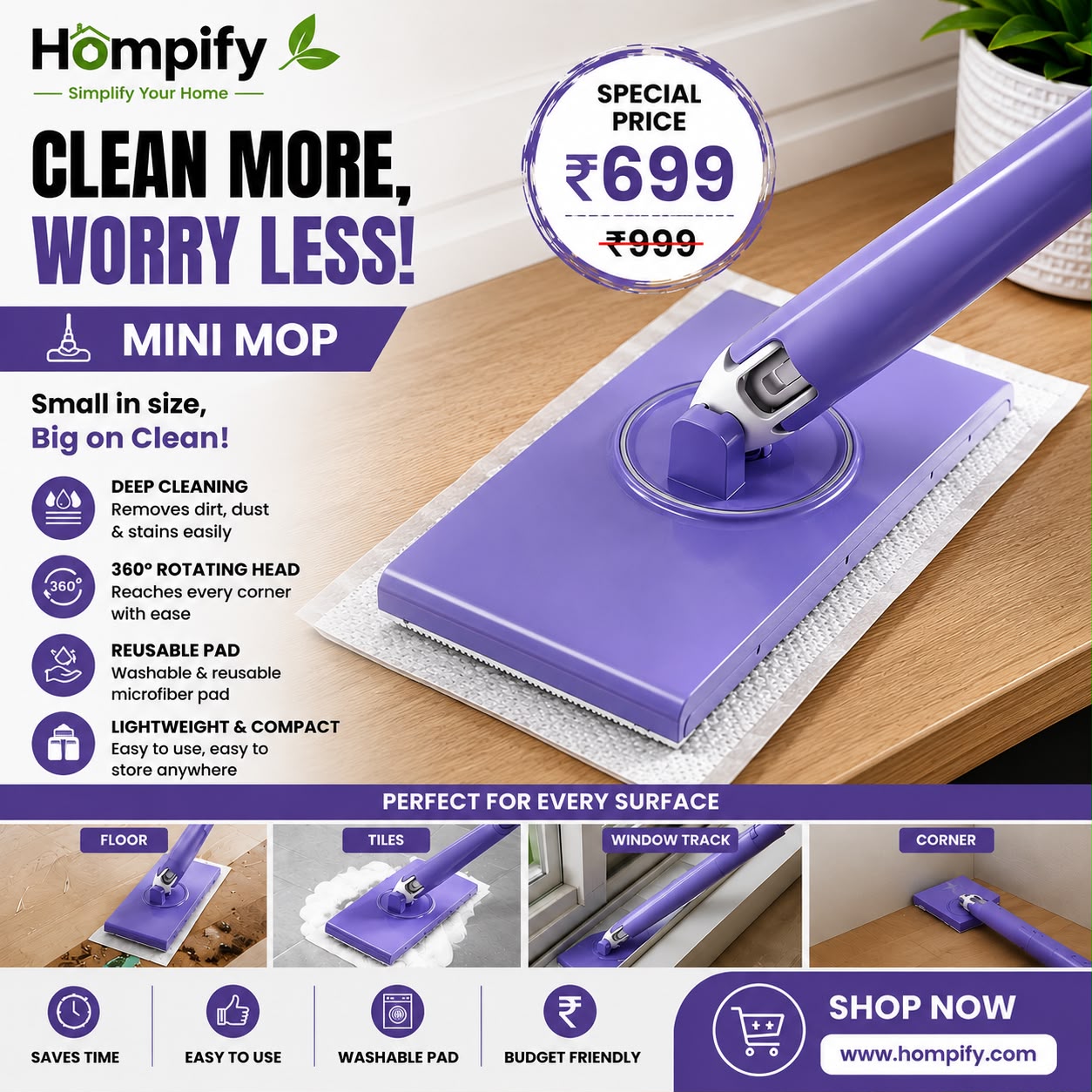 Easy-Clean Mini Mop with Auto Cloth Grip
